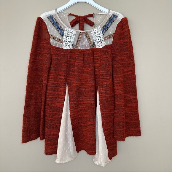 Ryu M/L Boho Sweater Bell Sleeve Cottagecore Hippie Mixed Media Artsy Rust Orang - Picture 11 of 15